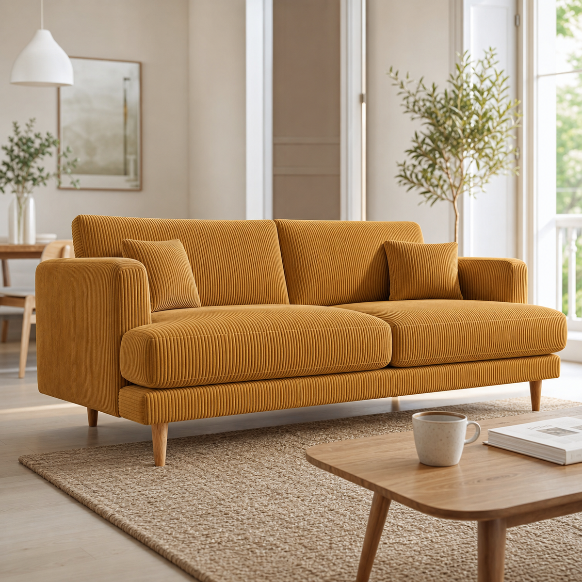 Meadow Sofa Mustard Corduroy - Lifestyle Setting - Vibe Sofas Australia