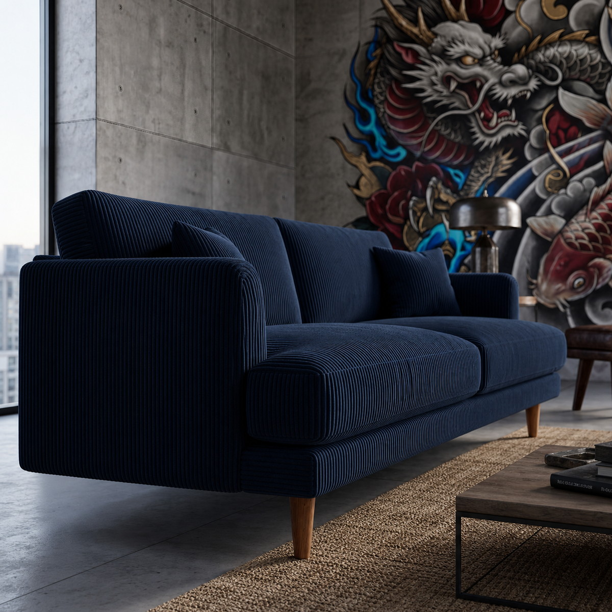 Meadow Sofa Navy Blue Corduroy - Lifestyle Setting - Vibe Sofas Australia
