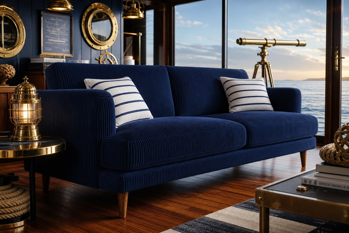 Meadow Sofa Navy Blue Corduroy - Lifestyle - Vibe Sofas Australia