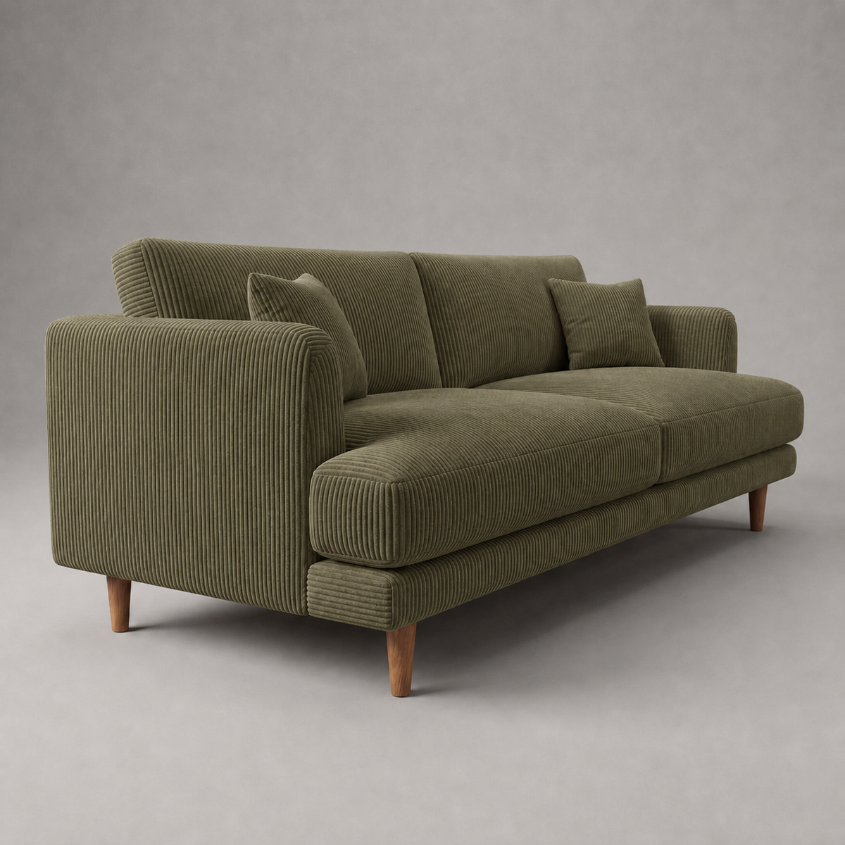 Meadow Sofa Olive Green Corduroy - Three Quarter Front View - Vibe Sofas Australia
