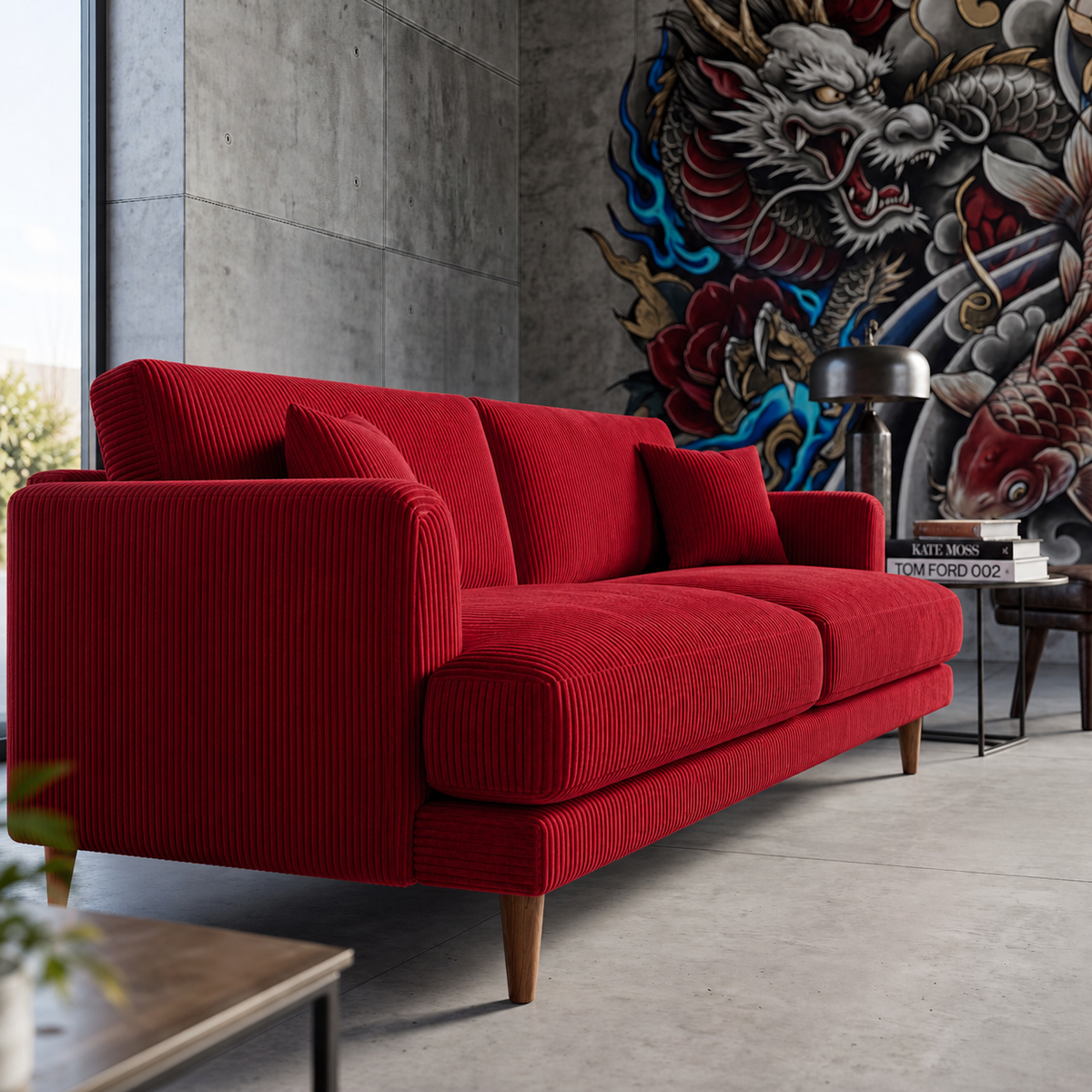 Meadow Sofa Samurai Red Corduroy - Lifestyle Setting - Vibe Sofas Australia
