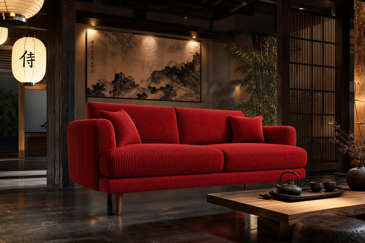 Meadow Sofa Samurai Red Corduroy - Alternate Three-Quarter - Vibe Sofas Australia