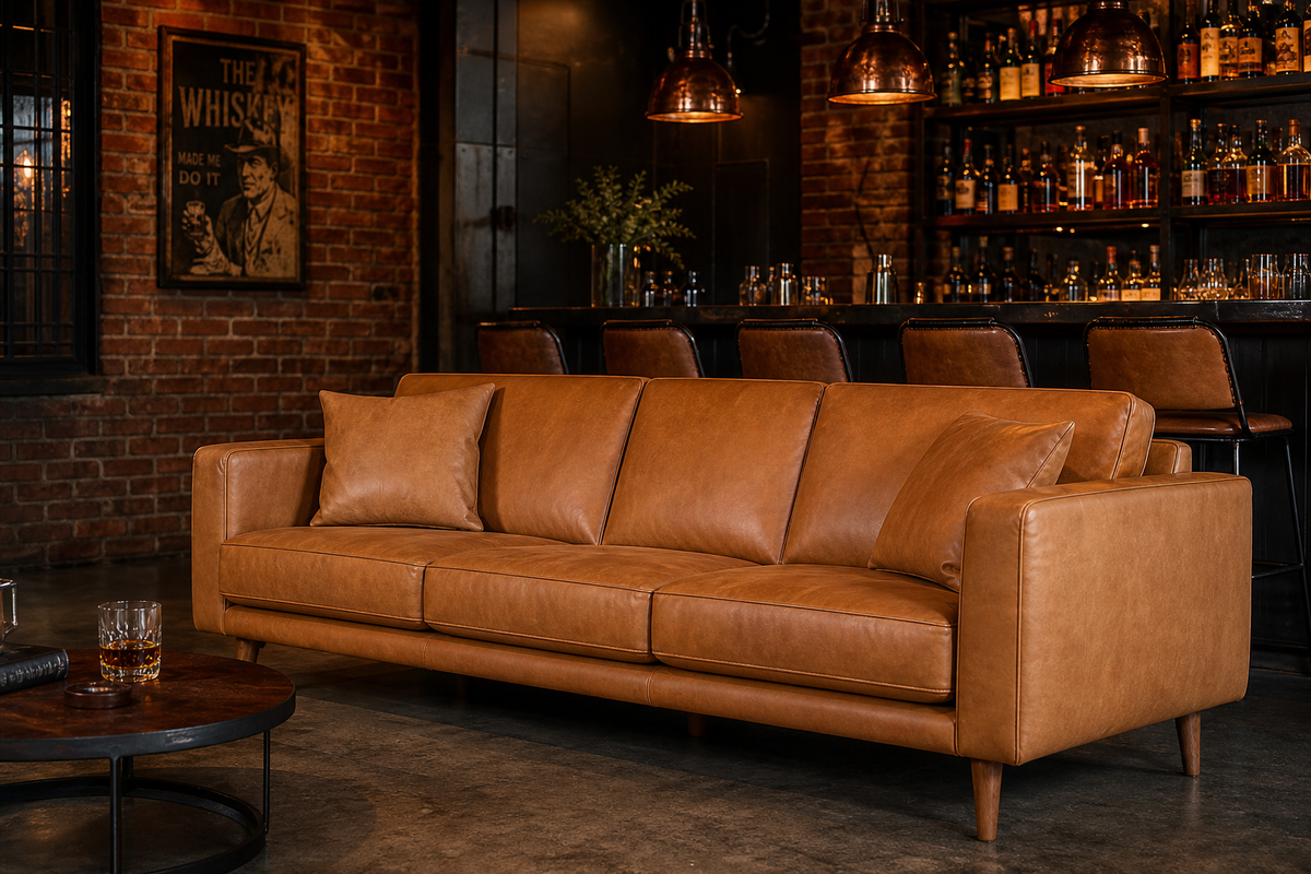 Meadow Sofa Tan Leather - Lifestyle - Vibe Sofas Australia