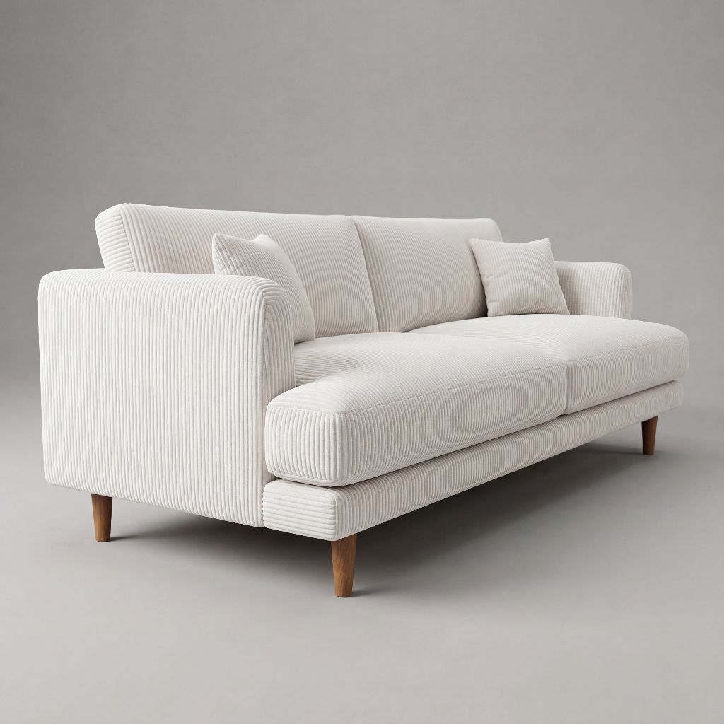 Meadow Sofa White Corduroy - Three Quarter Front View - Vibe Sofas Australia
