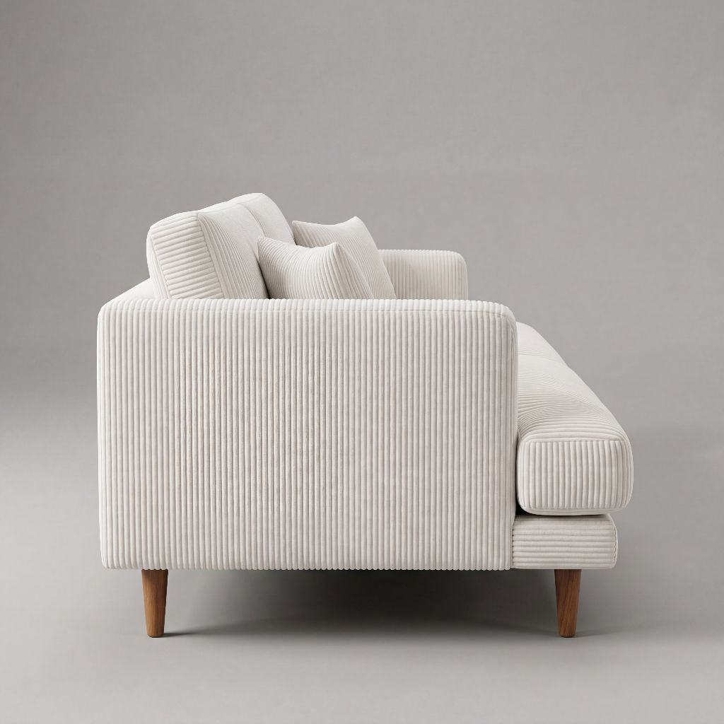 Meadow Sofa White Corduroy - Side Profile View showing slim track arms - Vibe Sofas