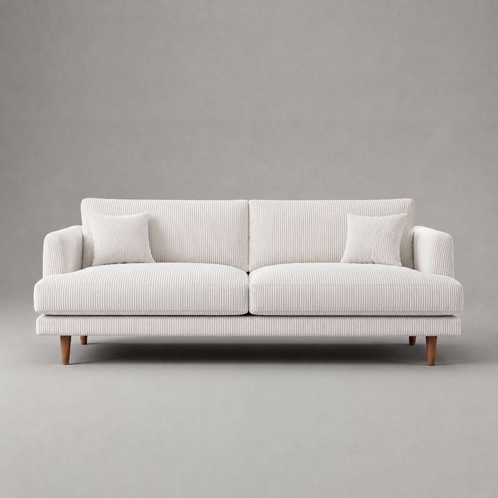 Meadow Sofa White Corduroy - Front View with scatter cushions - Vibe Sofas Australia