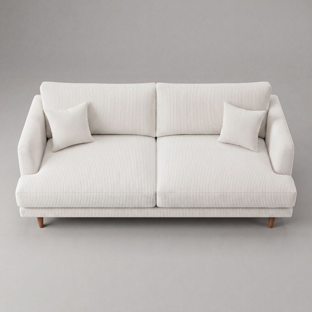 Meadow Sofa White Corduroy - Elevated Front View showing deep seats - Vibe Sofas