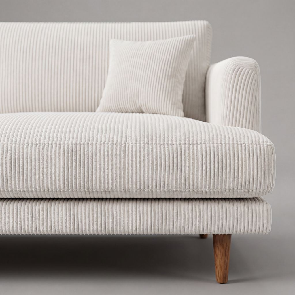 Meadow Sofa White Corduroy - Close-up detail of corduroy texture and oak legs - Vibe Sofas