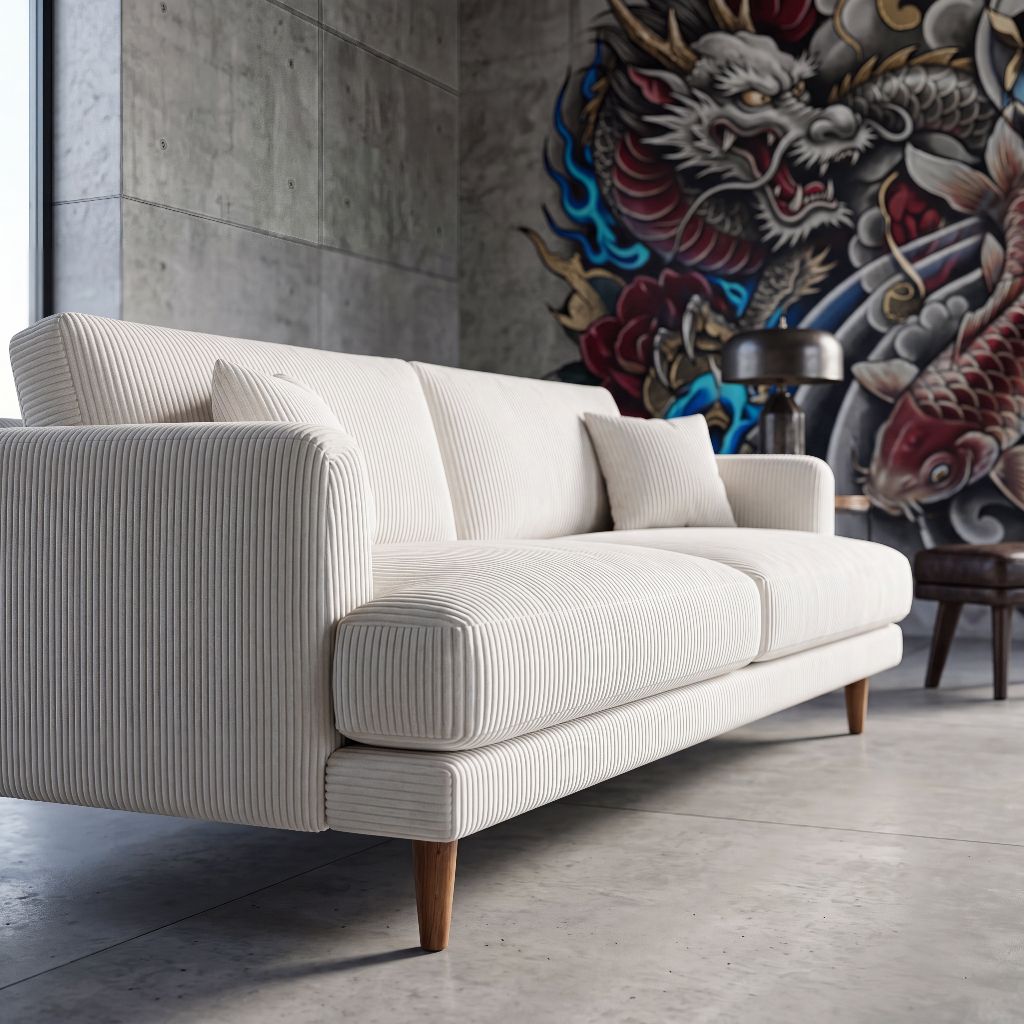 Meadow Sofa White Corduroy - Lifestyle setting with modern interior - Vibe Sofas Australia