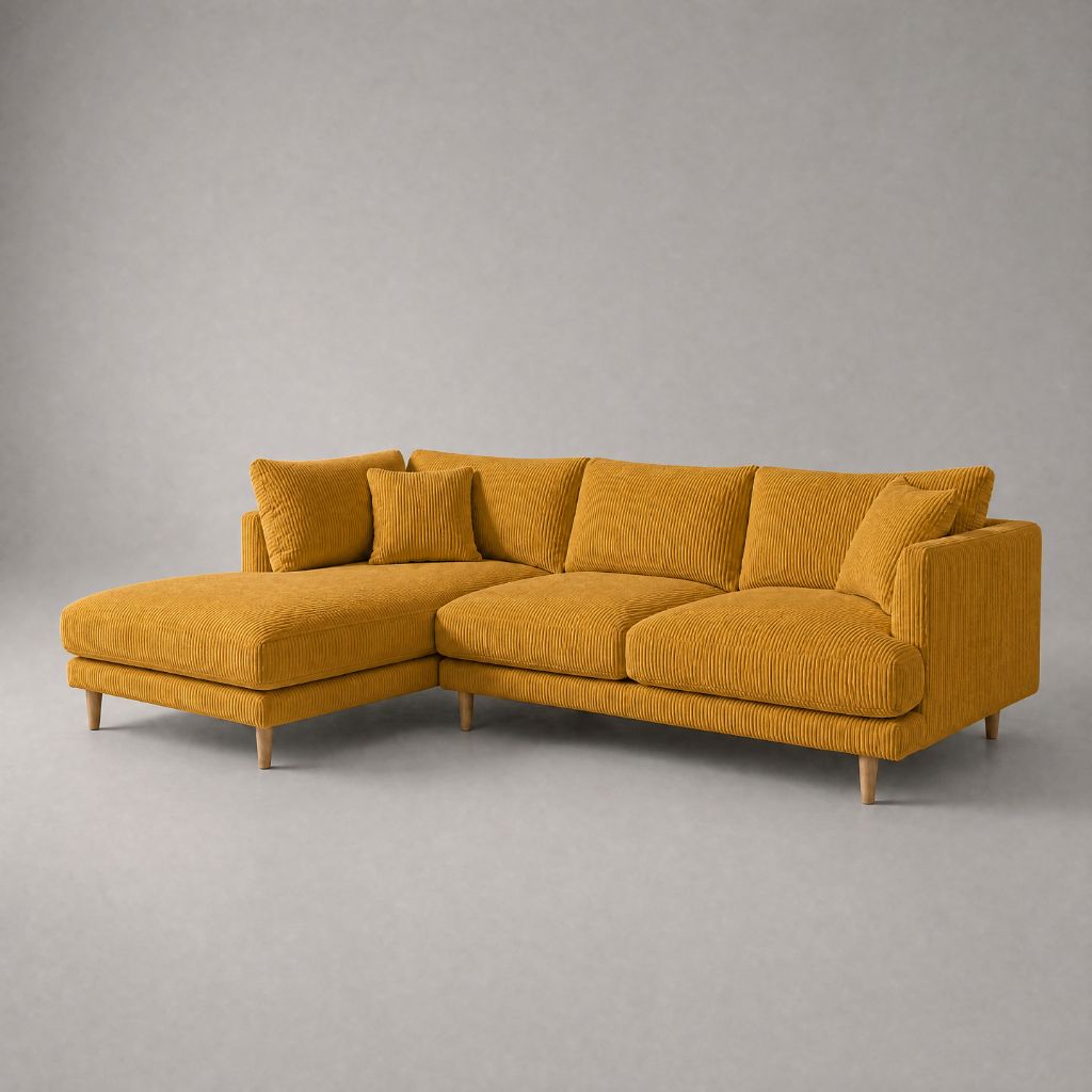 Meadow Chaise Lounge in Mustard Corduroy fabric with tapered oak legs — Vibe Sofas Australia