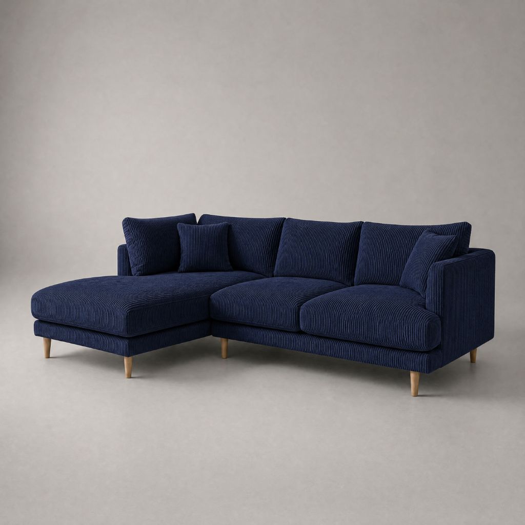Meadow Chaise Lounge in Navy Blue Corduroy with tapered oak legs - Vibe Sofas Australia