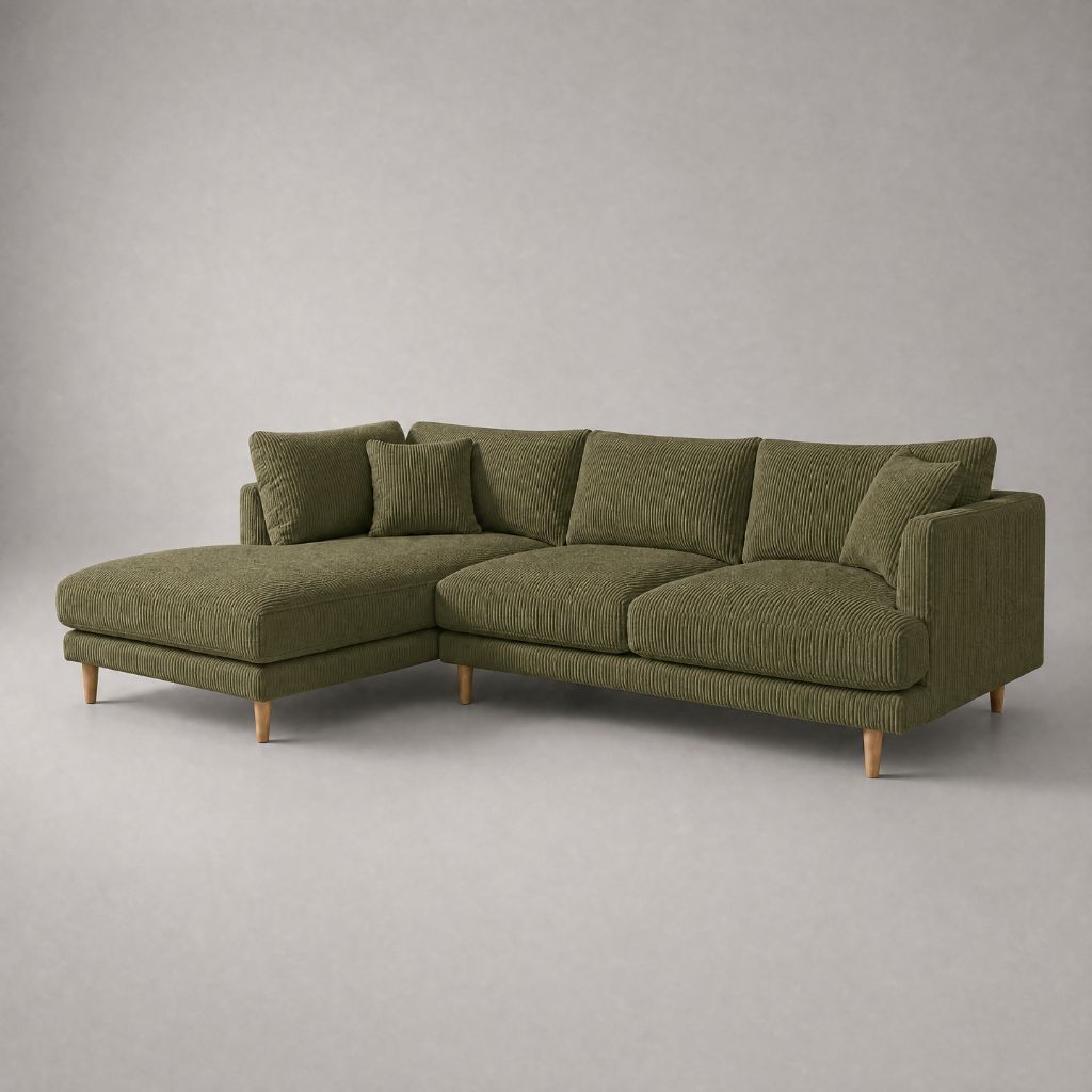 Meadow Chaise Lounge in Olive Green Corduroy fabric with tapered oak legs — Vibe Sofas Australia