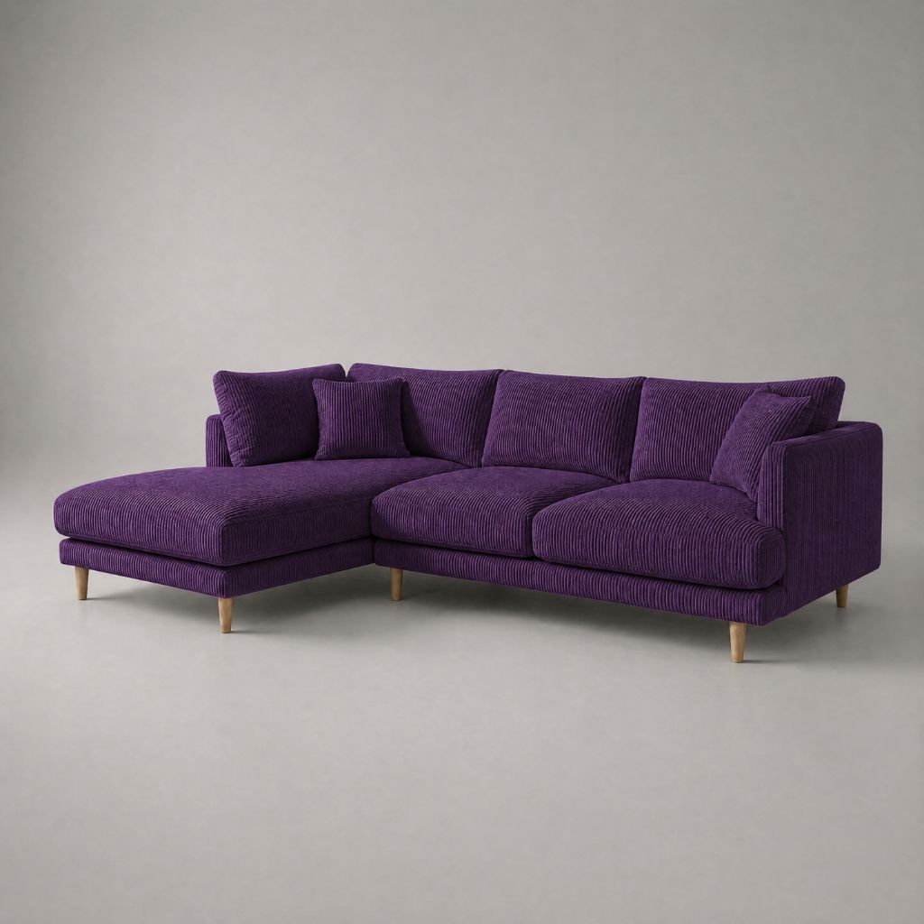 Meadow Chaise Lounge in Purple Haze Corduroy fabric with tapered oak legs — Vibe Sofas Australia