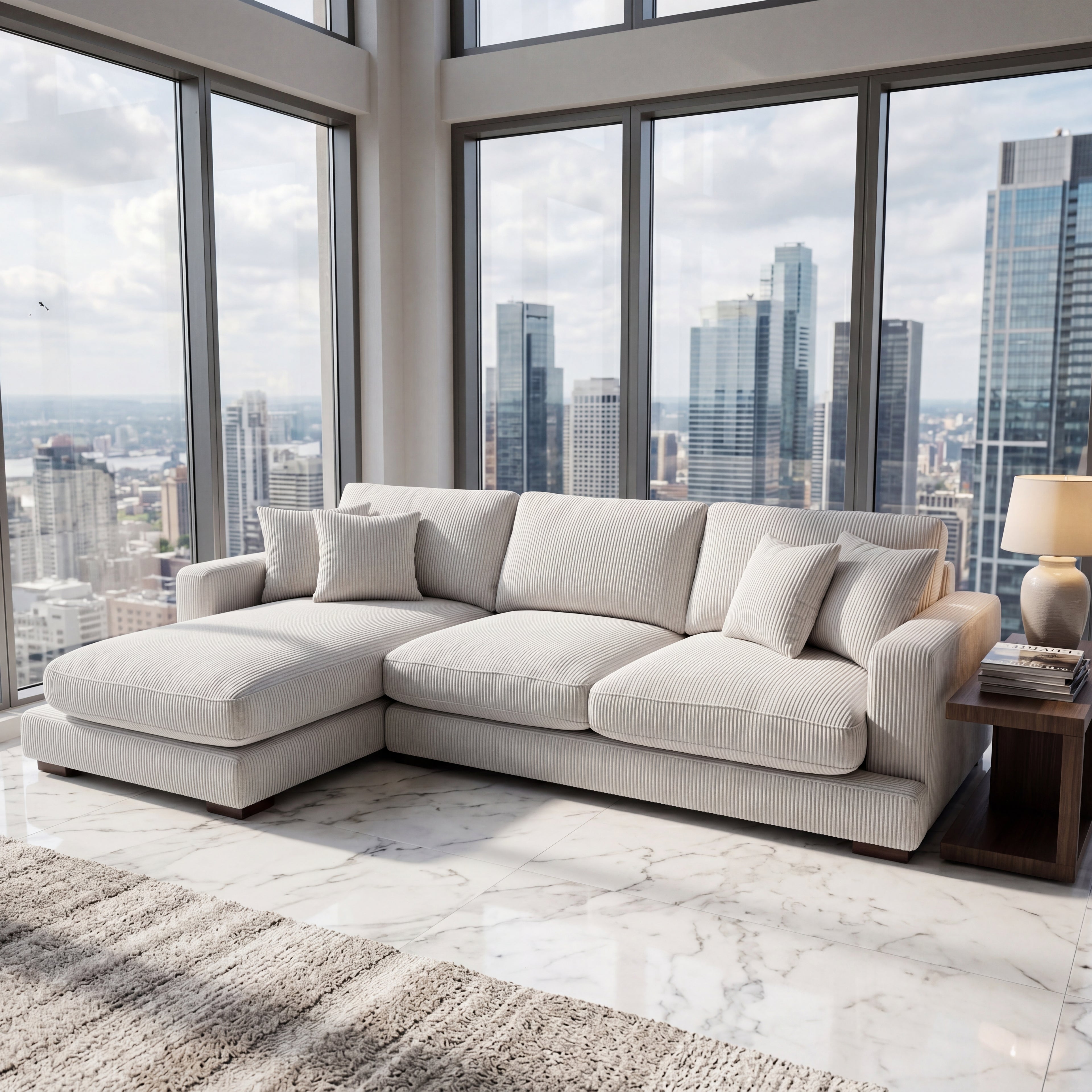 City Chaise Lounge White Corduroy