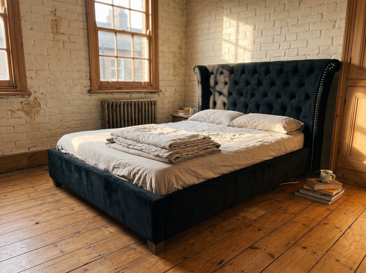 Escala Bedframe - Bagira Black Velvet - Room Setting | Vibe Sofas Australia