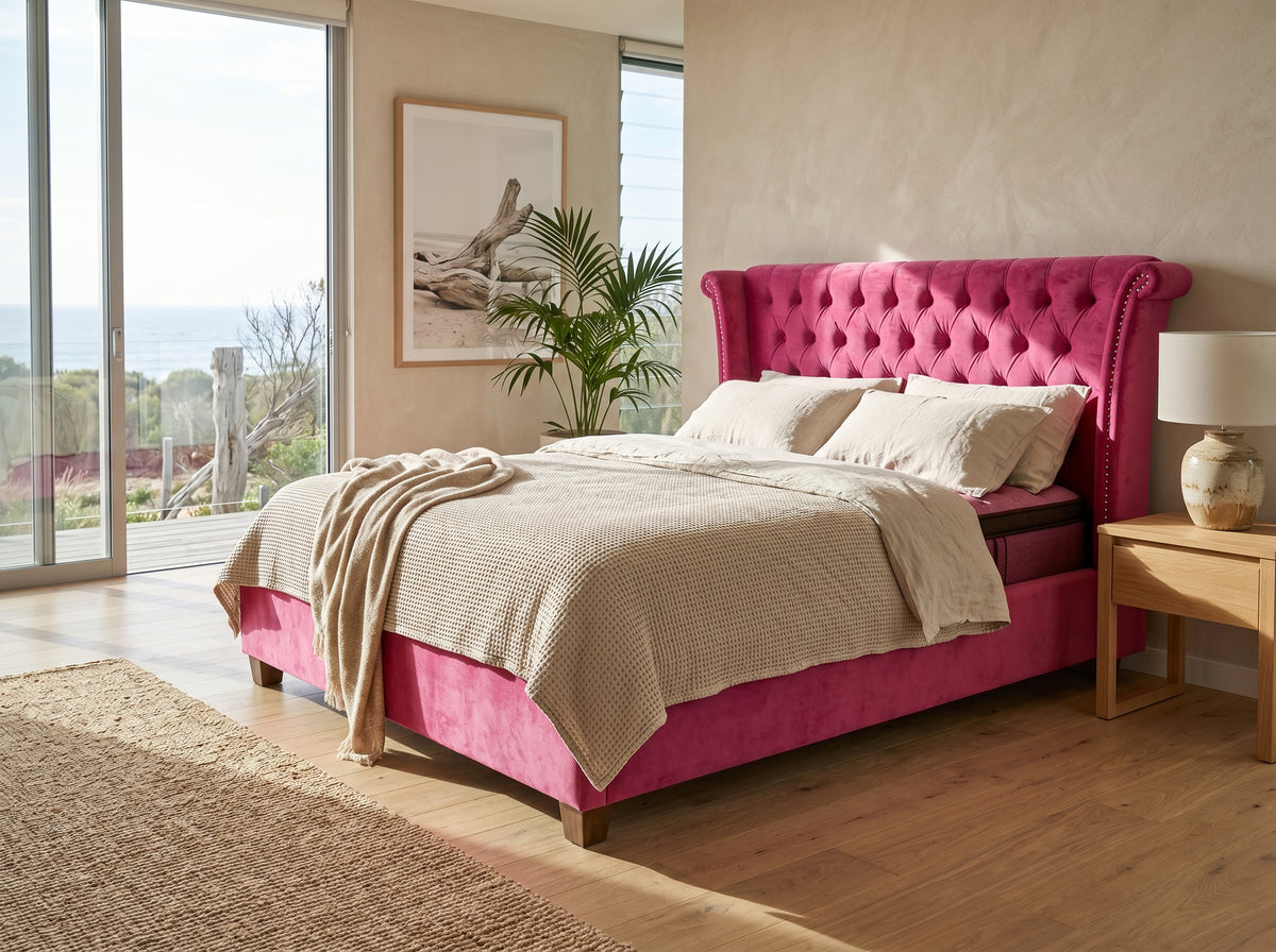 Escala Bedframe - Barbie Pink - Room Setting | Vibe Sofas Australia