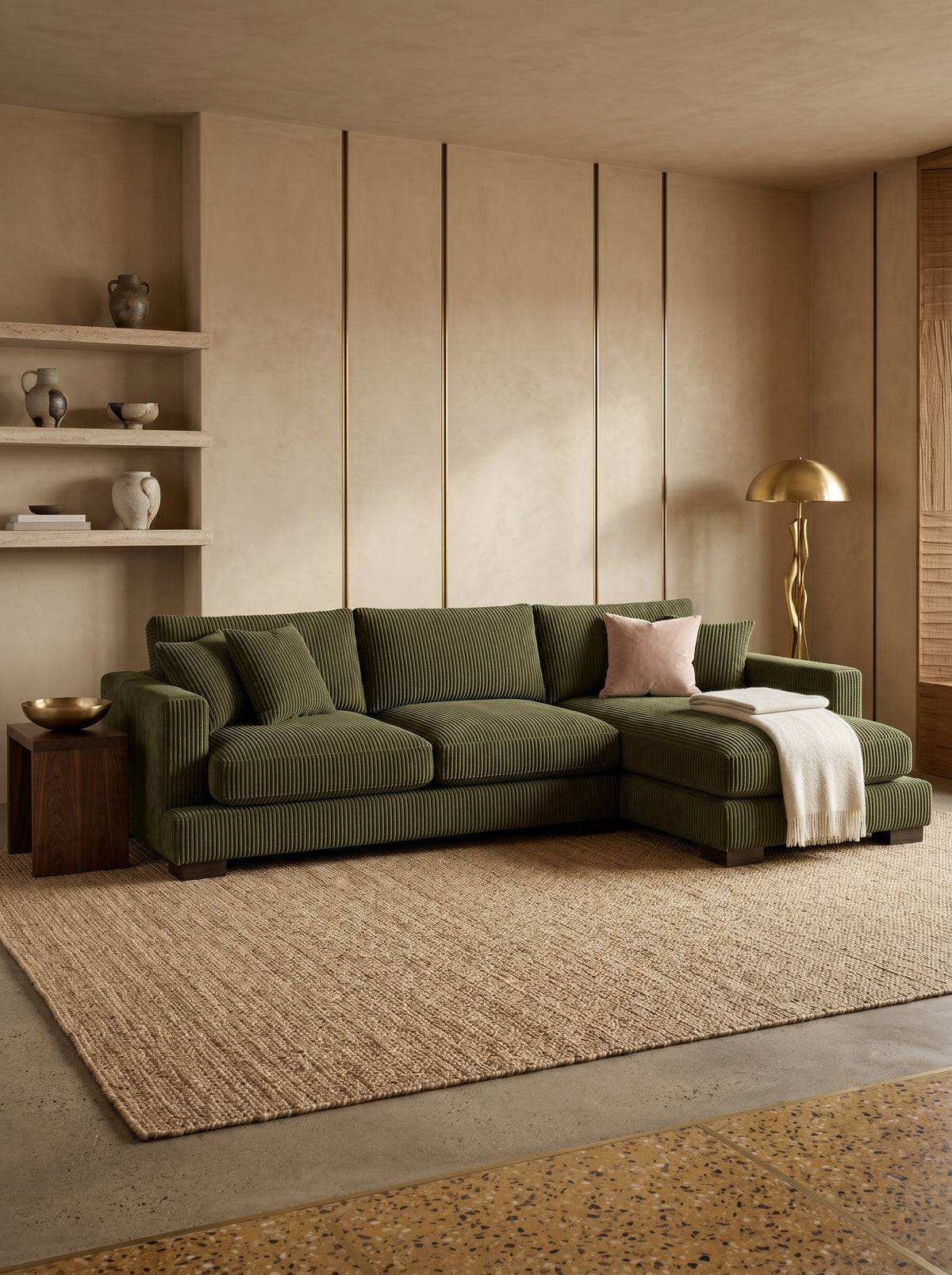 Cloud Chaise Lounge Olive Green Corduroy — Lifestyle