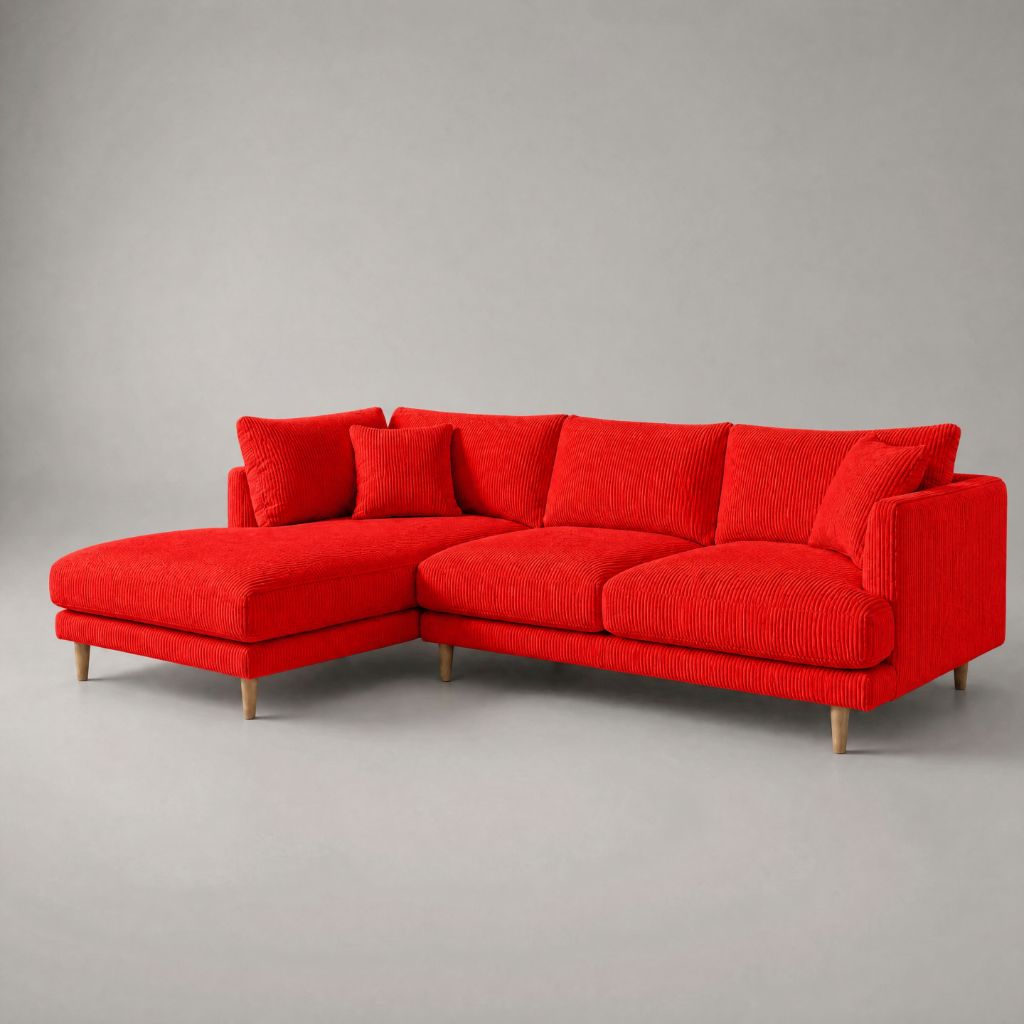 Meadow Chaise Lounge in Samurai Red Corduroy fabric with tapered oak legs — Vibe Sofas Australia