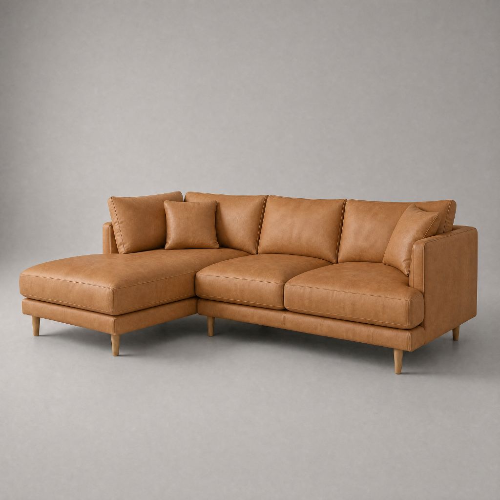 Meadow Chaise Lounge in Tan Leather with tapered oak legs — Vibe Sofas Australia