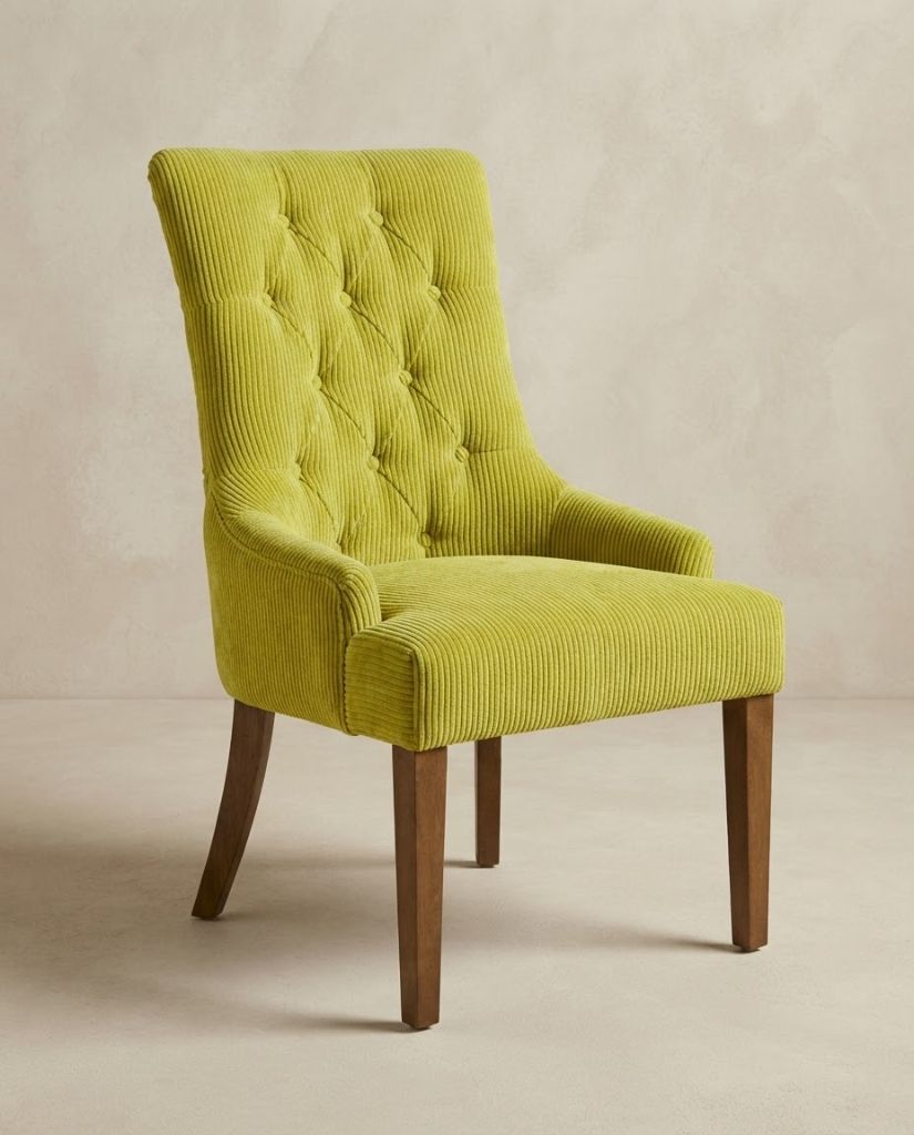 Vibe Dining Chair in Lime Green Corduroy - button-tufted dining chair with timber legs