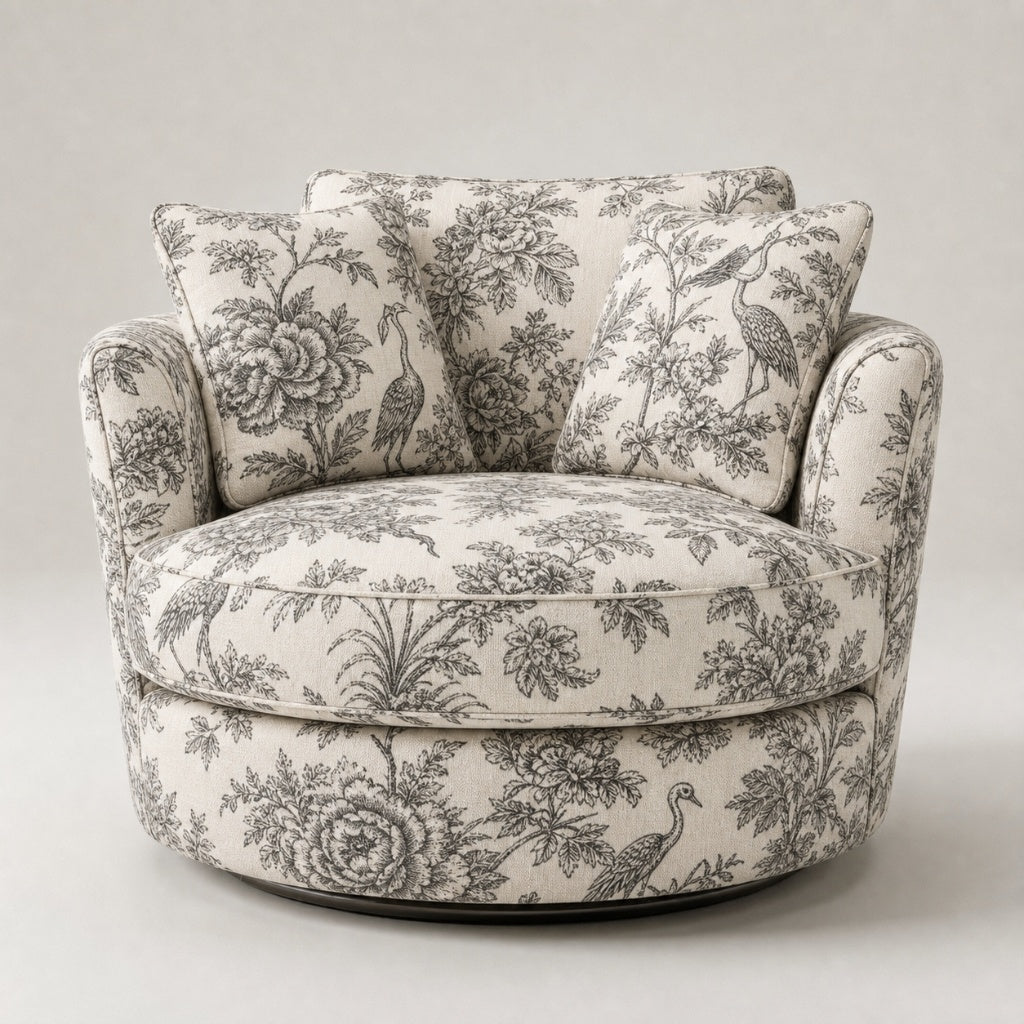Cuddle Swivel Chair - Heron Toile