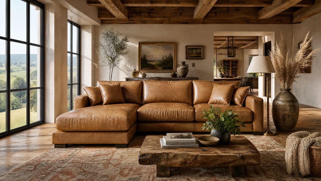 Cloud Range tan leather sectional in modern farmhouse