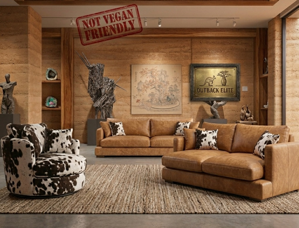 Outback Elite showroom — cowhide swivel chairs and tan leather sofas
